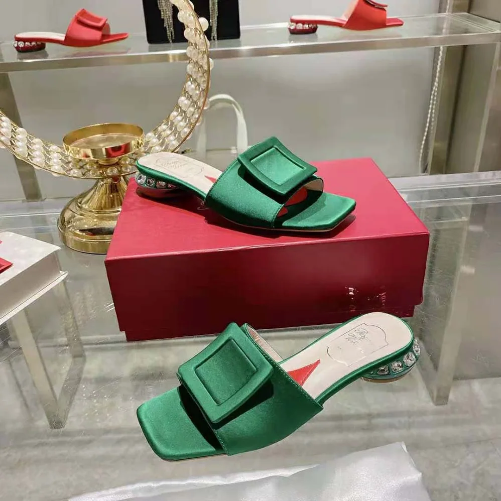 Roger Vivier Strass Heel Covered Buckle Mules in Satin for Women in Green Roger Vivier Strass Heel Covered Buckle Mules in Satin for Women in Green