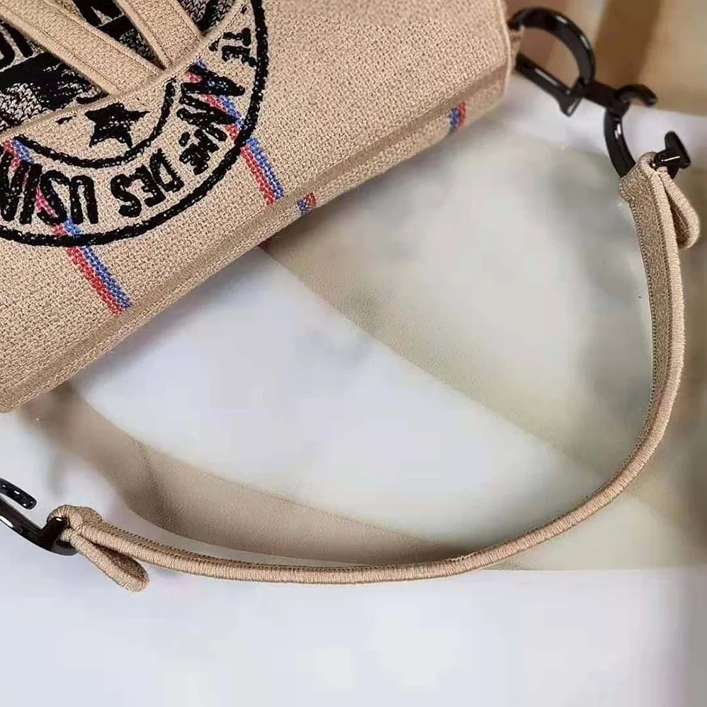 Dior Saddle Bag Beige Jute Canvas Embroidered with Dior Union Motif for Women
