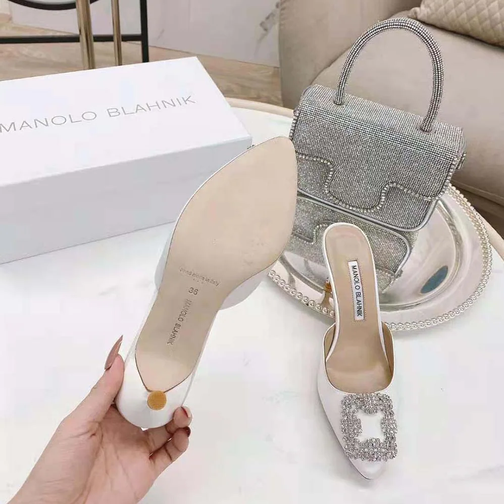 Manolo Blahnik Off-White Satin Jewel Buckle Mules for Women