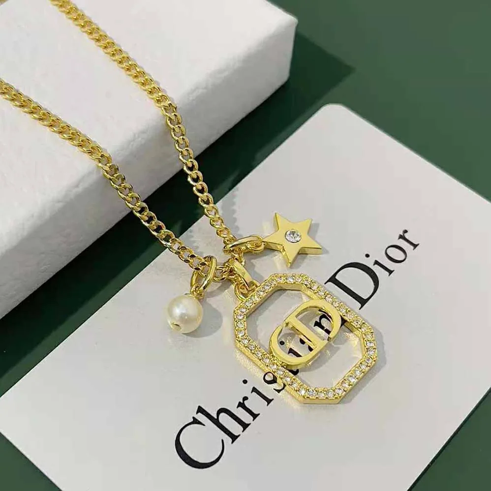 Dior Petit CD Necklace Gold-Finish Metal with a White Resin Pearl and White Crystals for Women Dior Petit CD Necklace Gold-Finish Metal with a White Resin Pearl and White Crystals for Women