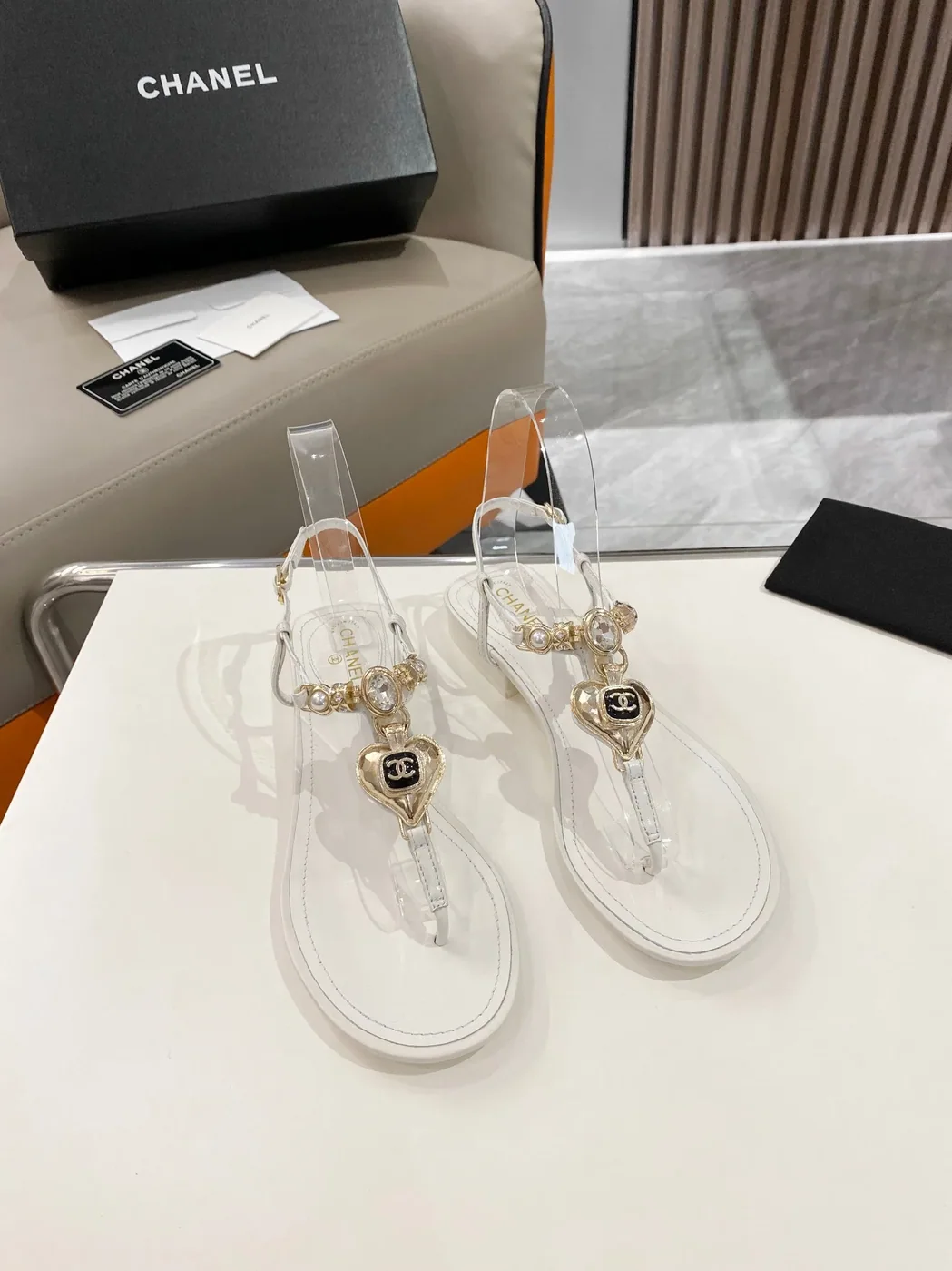 Chanel Crystal Low Heels Flip Flops White