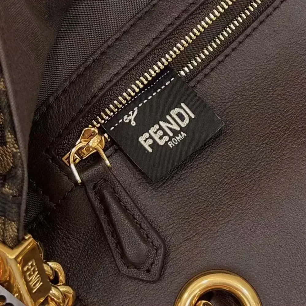 Fendi Baguette Chain MidiBrown FF Jacquard Fabric Bag for Women