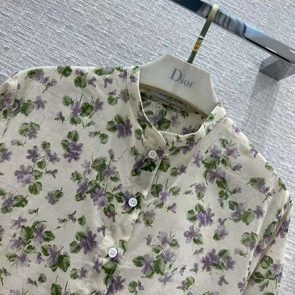 Dior Long Blouse Multicolor Cotton Voile with Violets Motif for Women Dior Long Blouse Multicolor Cotton Voile with Violets Motif for Women