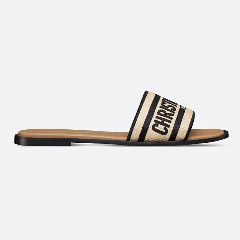 Dior Dway Slide Natural Raffia and Black Embroidered Cotton for Women