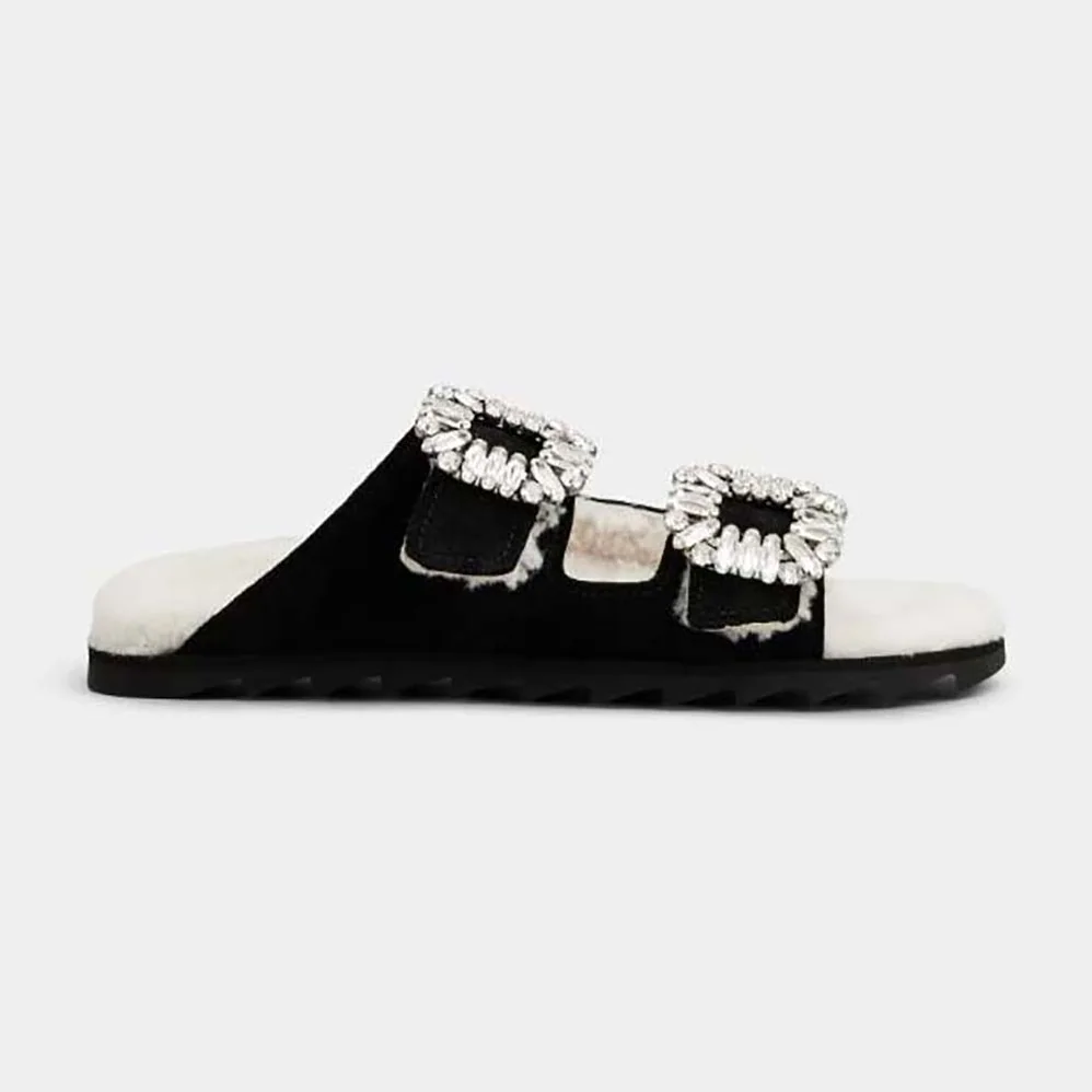 Roger Vivier Slidy Viv' Fur Strass Buckle Mules in Suede for Women in Black Roger Vivier Slidy Viv' Fur Strass Buckle Mules in Suede for Women in Black