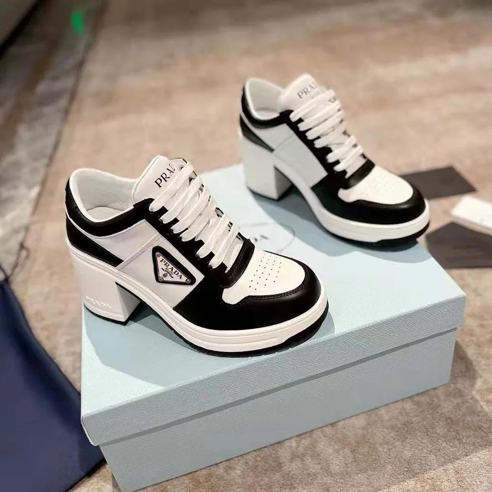 Prada Downtown High-Heeled Leather Sneakers for Women in Black