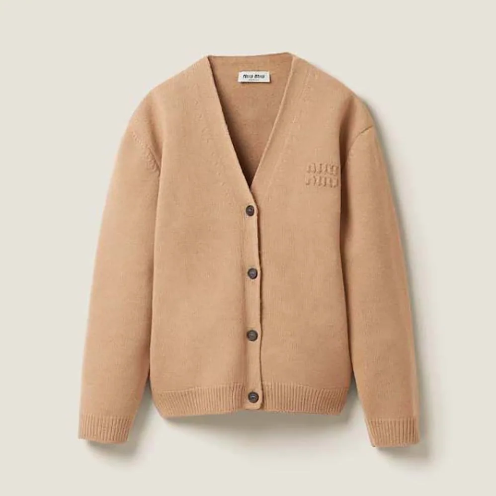 Miu Miu Wool and Nylon Knit Cardigan for Women in Beige Miu Miu Wool and Nylon Knit Cardigan for Women in Beige