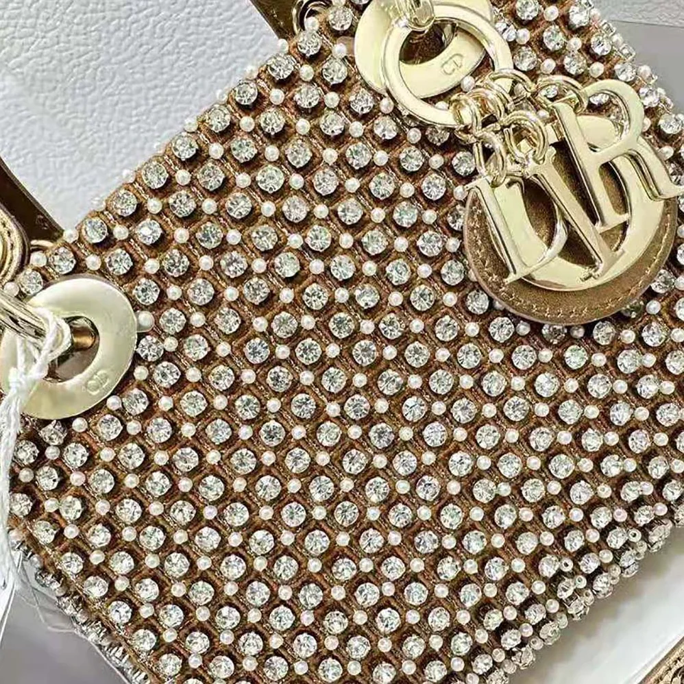 Dior Mini Lady Dior Bag Square-Pattern Embroidery Set with Strass and White Round Beads for Women Dior Mini Lady Dior Bag Square-Pattern Embroidery Set with Strass and White Round Beads for Women
