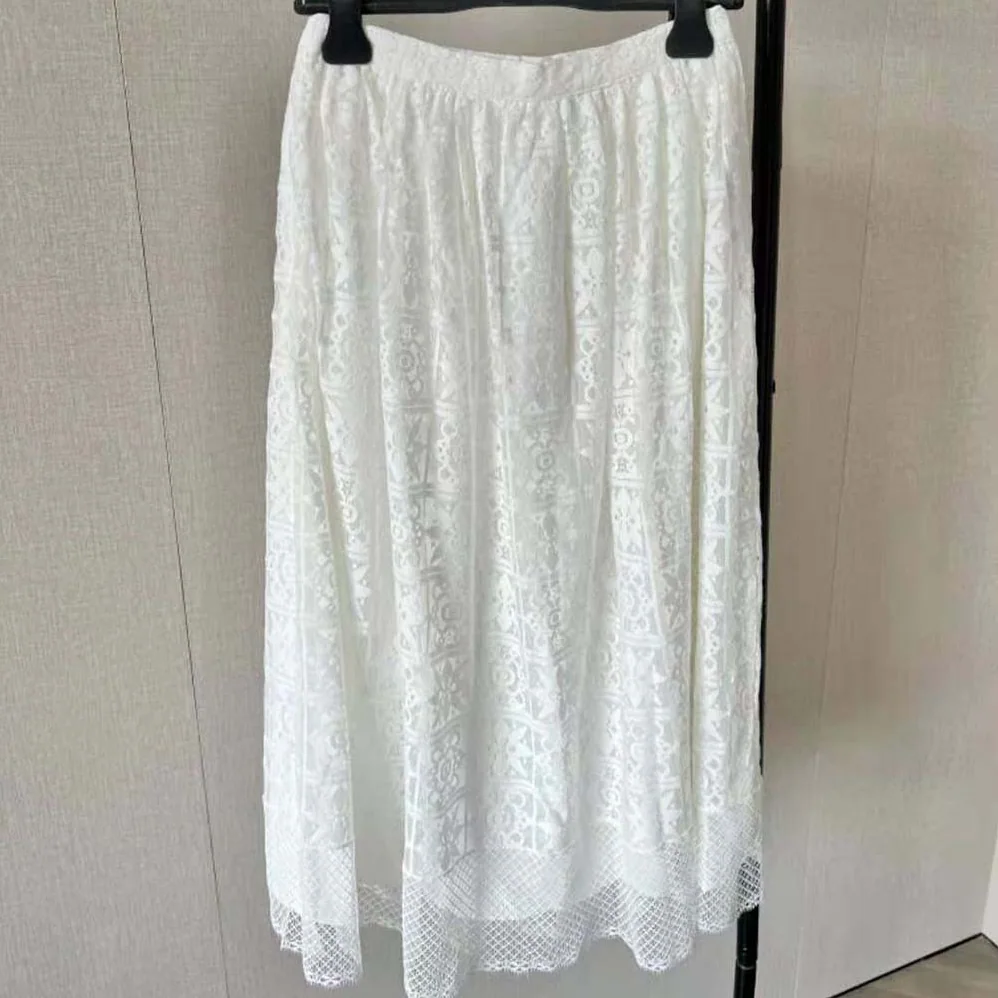 Dior Flared Mid-Length Skirt Ecru Technical Cotton Lace with Star Motif for Women