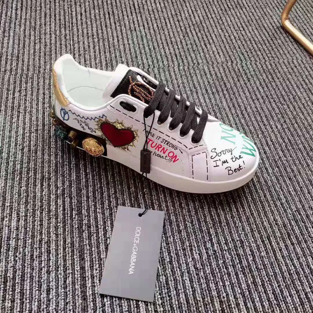 Dolce Gabbana D&G Printed Calfskin Nappa Portofino Sneakers with Patch and Embroidery for Women in White