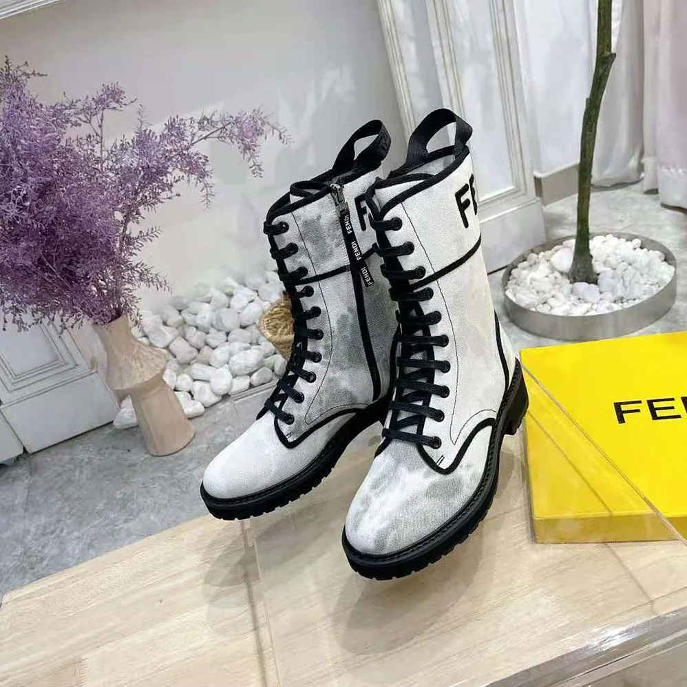 Fendi Signature Gray Canvas Biker Boots for Women