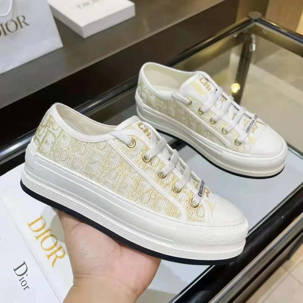 Dior Walk'N'Dior Platform Sneaker Gold-Tone Dior Oblique Cotton with Metallic Thread Embroidery for Women