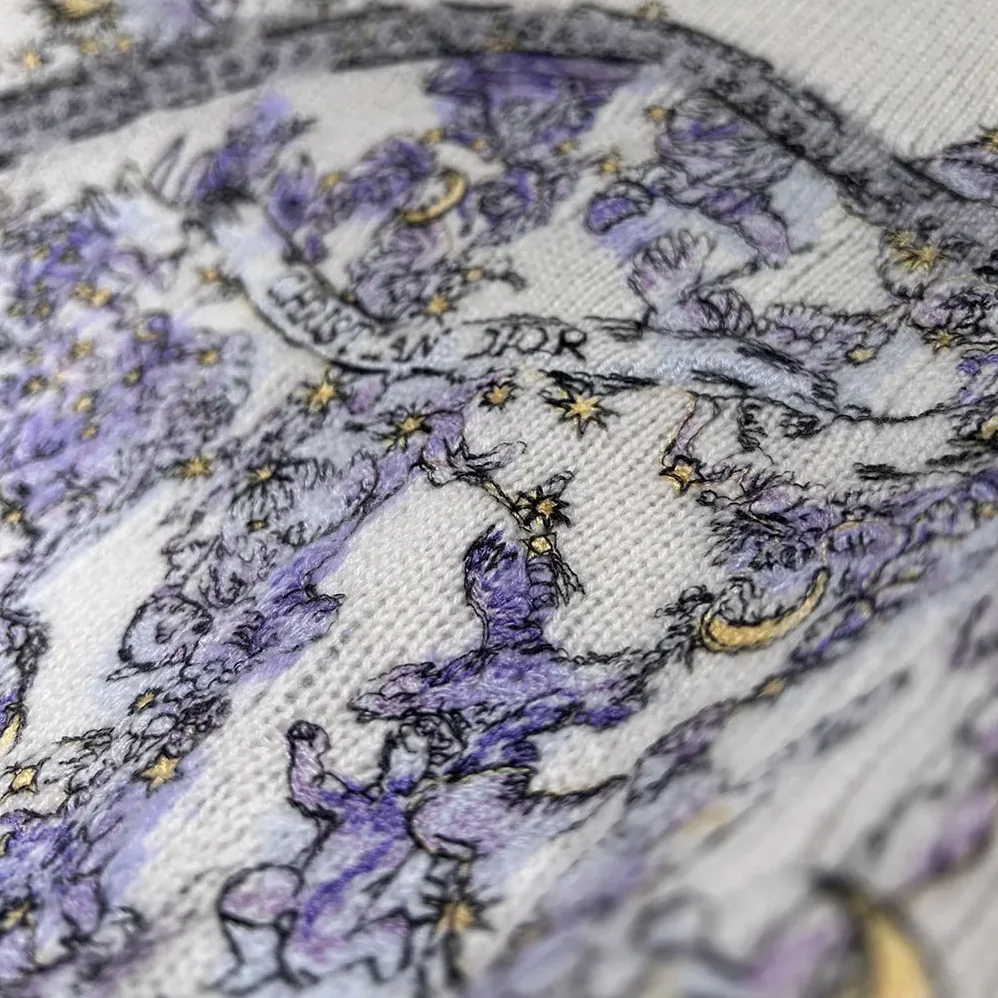 Dior Embroidered Sweater Ecru Cashmere Knit with Blue Dior Night of Dreams Motif for Women Dior Embroidered Sweater Ecru Cashmere Knit with Blue Dior Night of Dreams Motif for Women