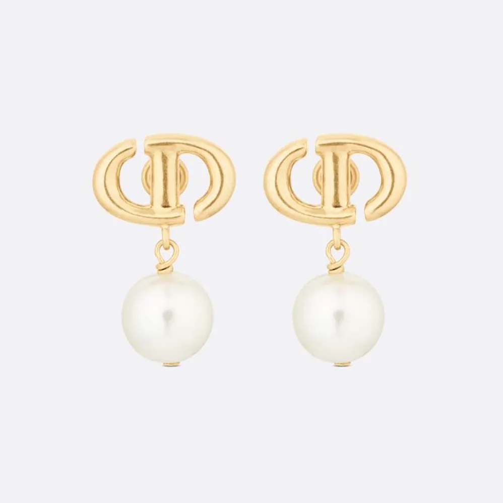 Dior CD Navy Earrings Gold-Finish Metal and White Resin Pearls for Women