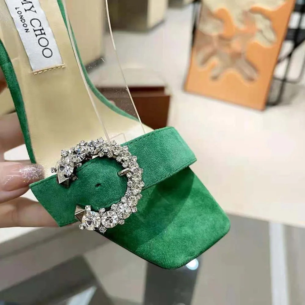 Jimmy Choo Marsai 90 Malachite Suede Sandals with Crystal Buckle for Women Jimmy Choo Marsai 90 Malachite Suede Sandals with Crystal Buckle for Women