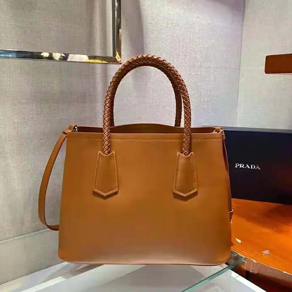 Prada Prada Double Medium Leather Handbag for Women in Brown Prada Prada Double Medium Leather Handbag for Women in Brown