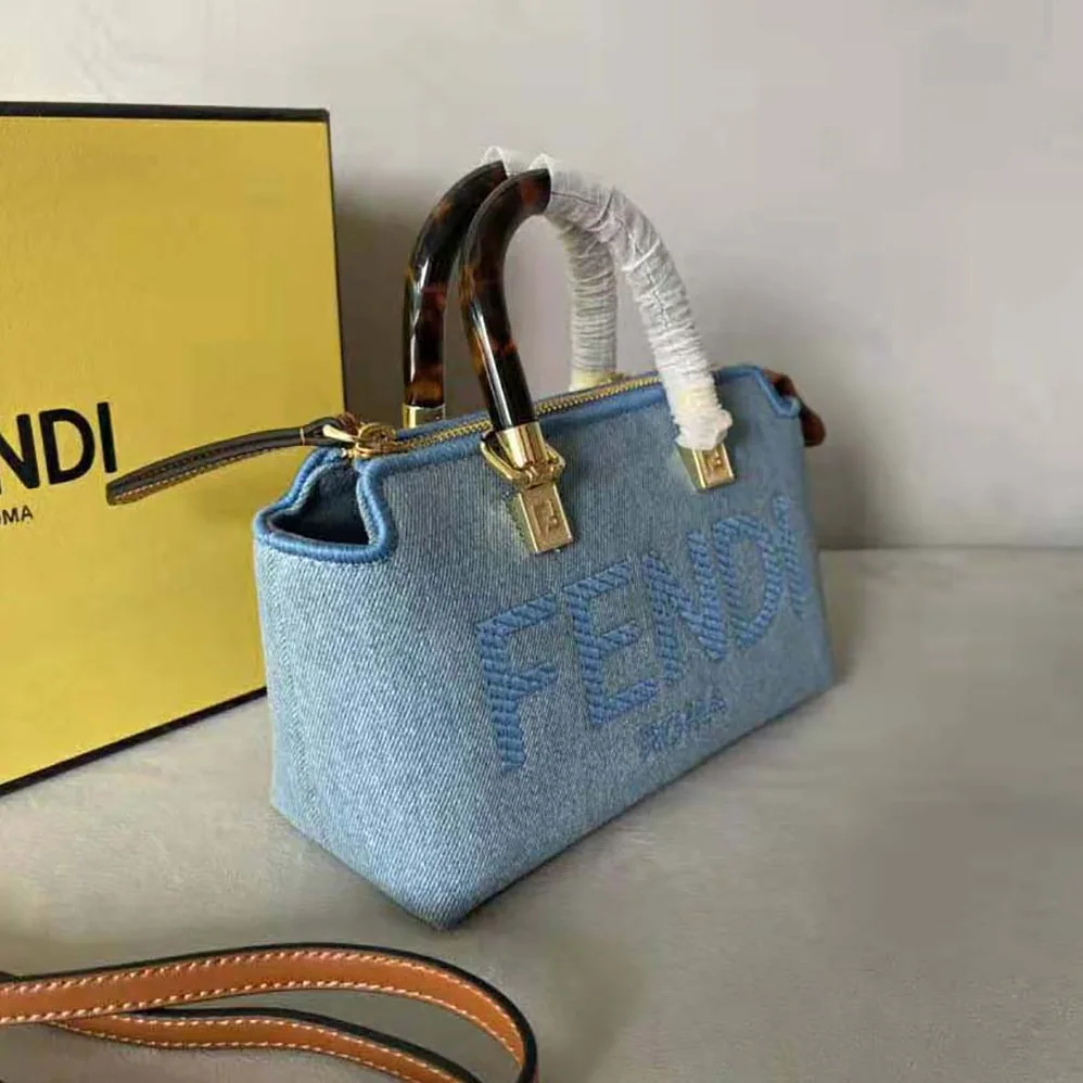 Fendi By The Way Mini Light Blue Denim Small Boston Bag for Women