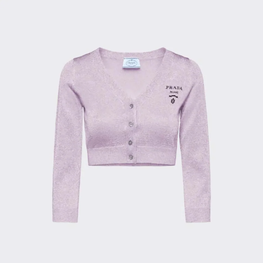 Prada Cropped Lurex Cardigan with Intarsia Logo for Women in Purple