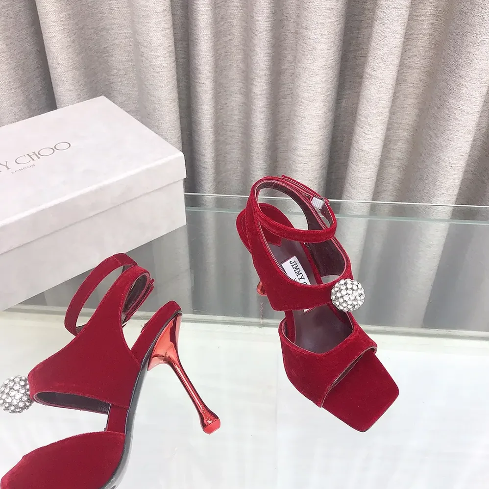 Jimmy Choo Orb 95 Ruby Red Velvet Sandals for Women