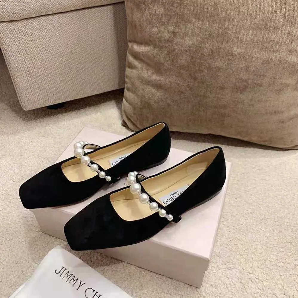 Jimmy Choo ADE Flat Black Suede Flats with Pearl Embellishment for Women Jimmy Choo ADE Flat Black Suede Flats with Pearl Embellishment for Women