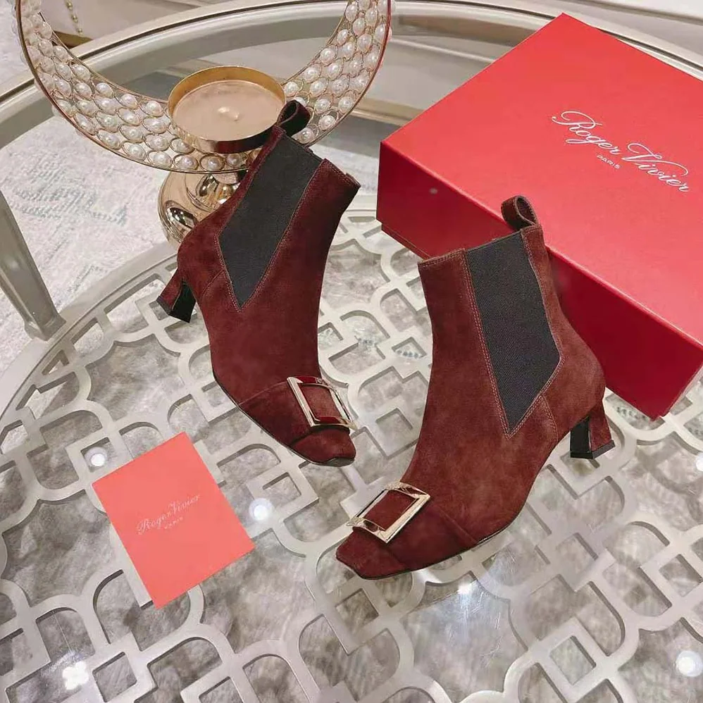 Roger Vivier Trompette Metal Buckle Chelsea Booties in Suede for Women in Maroon Roger Vivier Trompette Metal Buckle Chelsea Booties in Suede for Women in Maroon