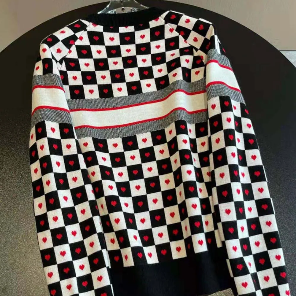Dior Dioramour Sweater Black White and Red D-Chess Heart Double-Sided Technical Cashmere Knit and Wool for Women Dior Dioramour Sweater Black White and Red D-Chess Heart Double-Sided Technical Cashmere Knit and Wool for Women