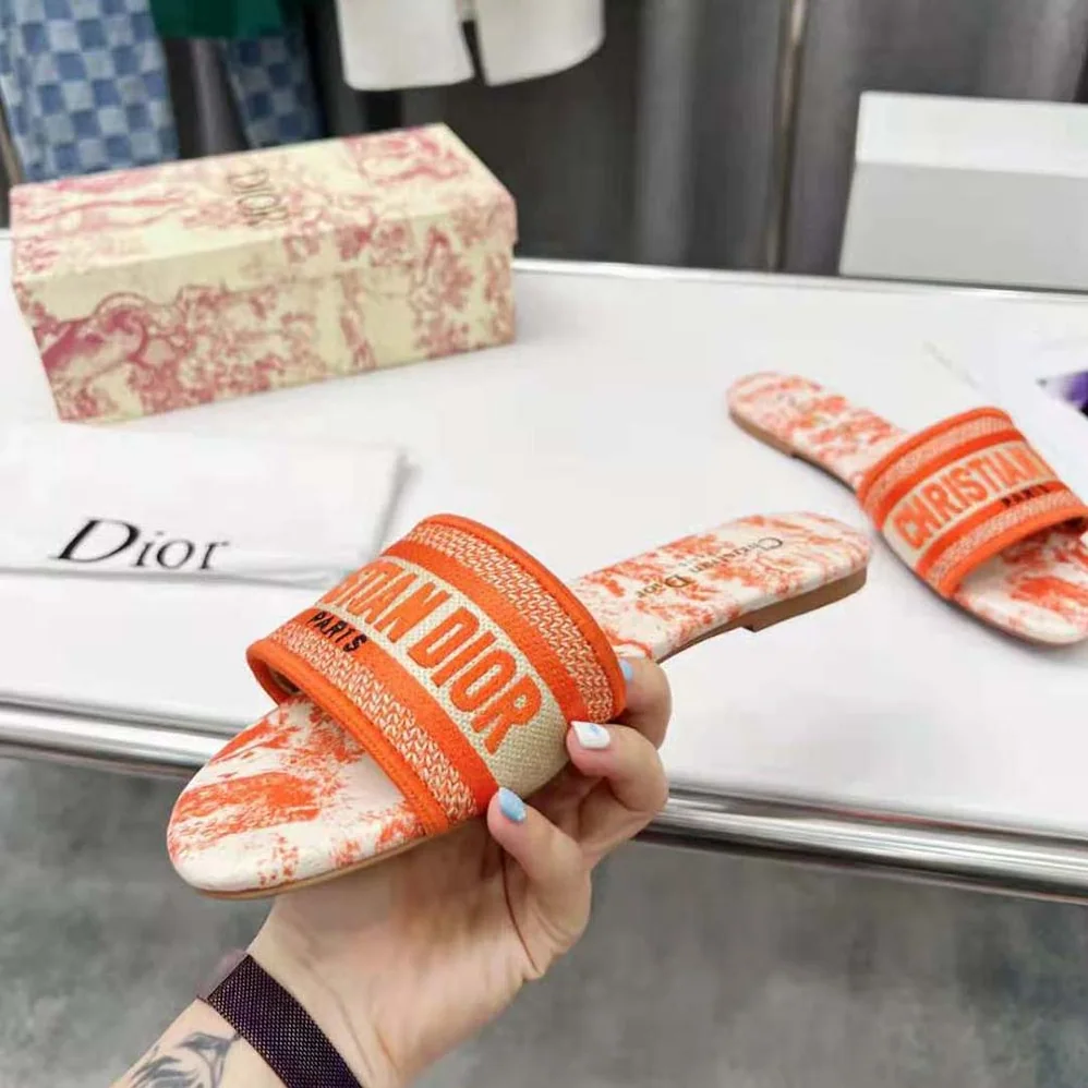 Dior Dway Slide Bright Orange Toile De Jouy Embroidered Cotton for Women