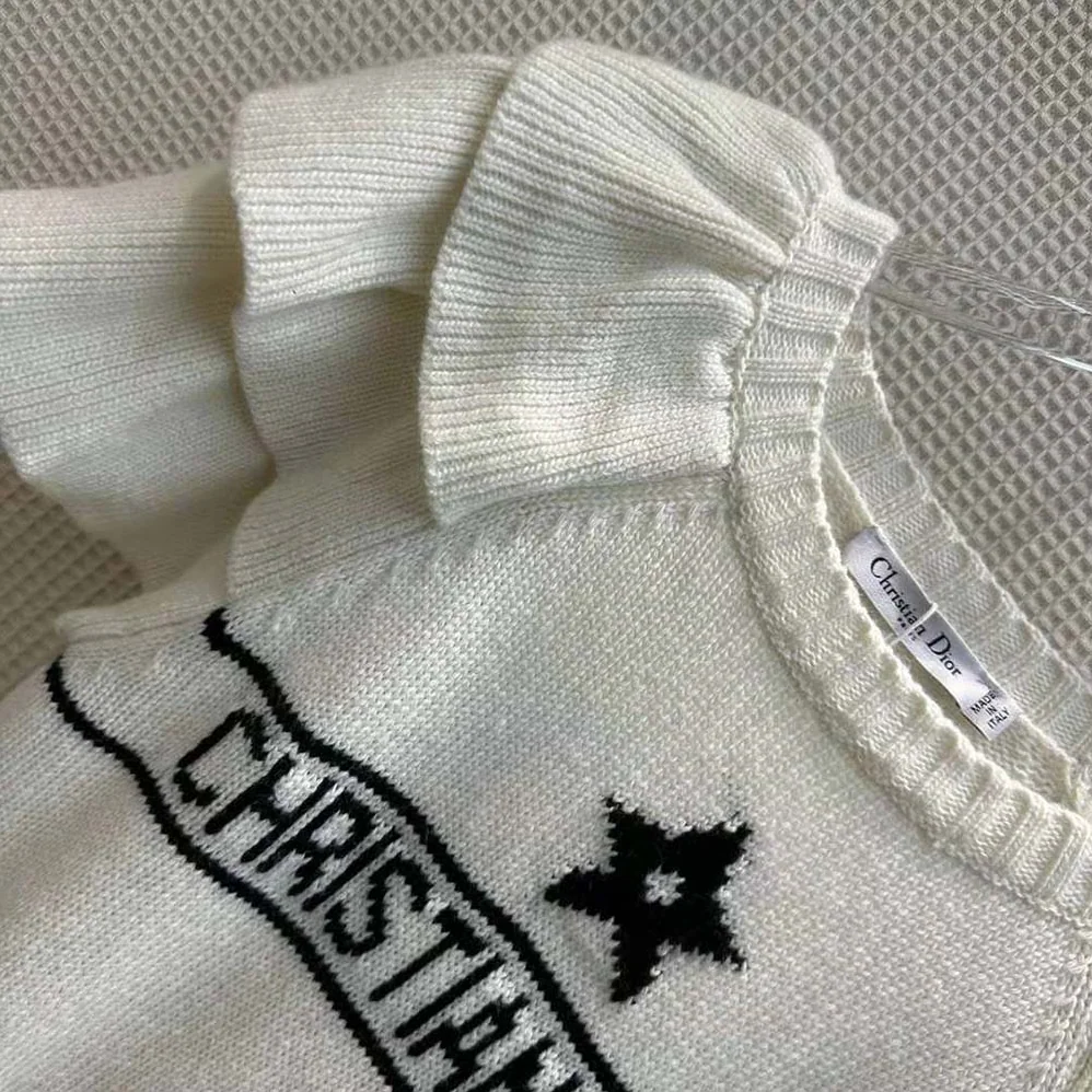 Dior Sweater with Ruffles White Cashmere Knit with Signature for Women