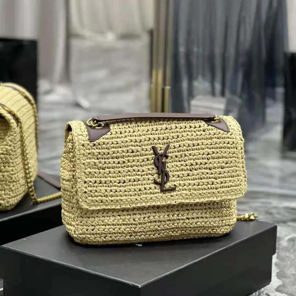 Saint Laurent YSL Niki Medium Chain Bag in Raffia and Leather for Women in Brown
