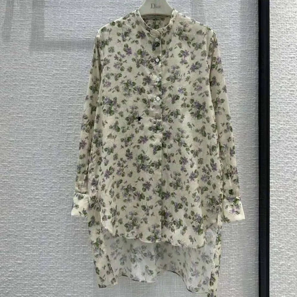 Dior Long Blouse Multicolor Cotton Voile with Violets Motif for Women Dior Long Blouse Multicolor Cotton Voile with Violets Motif for Women