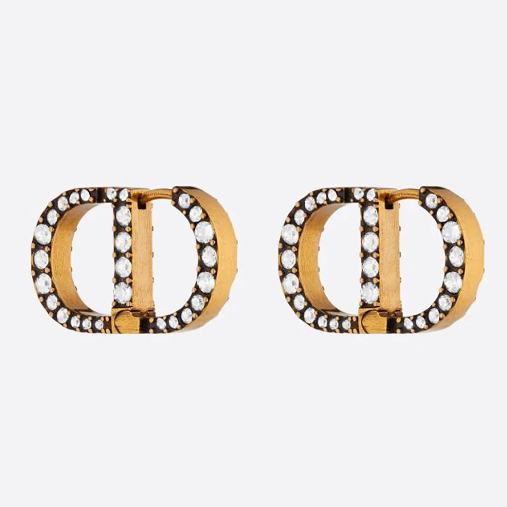 Dior 30 Montaigne Earrings Antique Gold-Finish Metal and White Crystals for Women