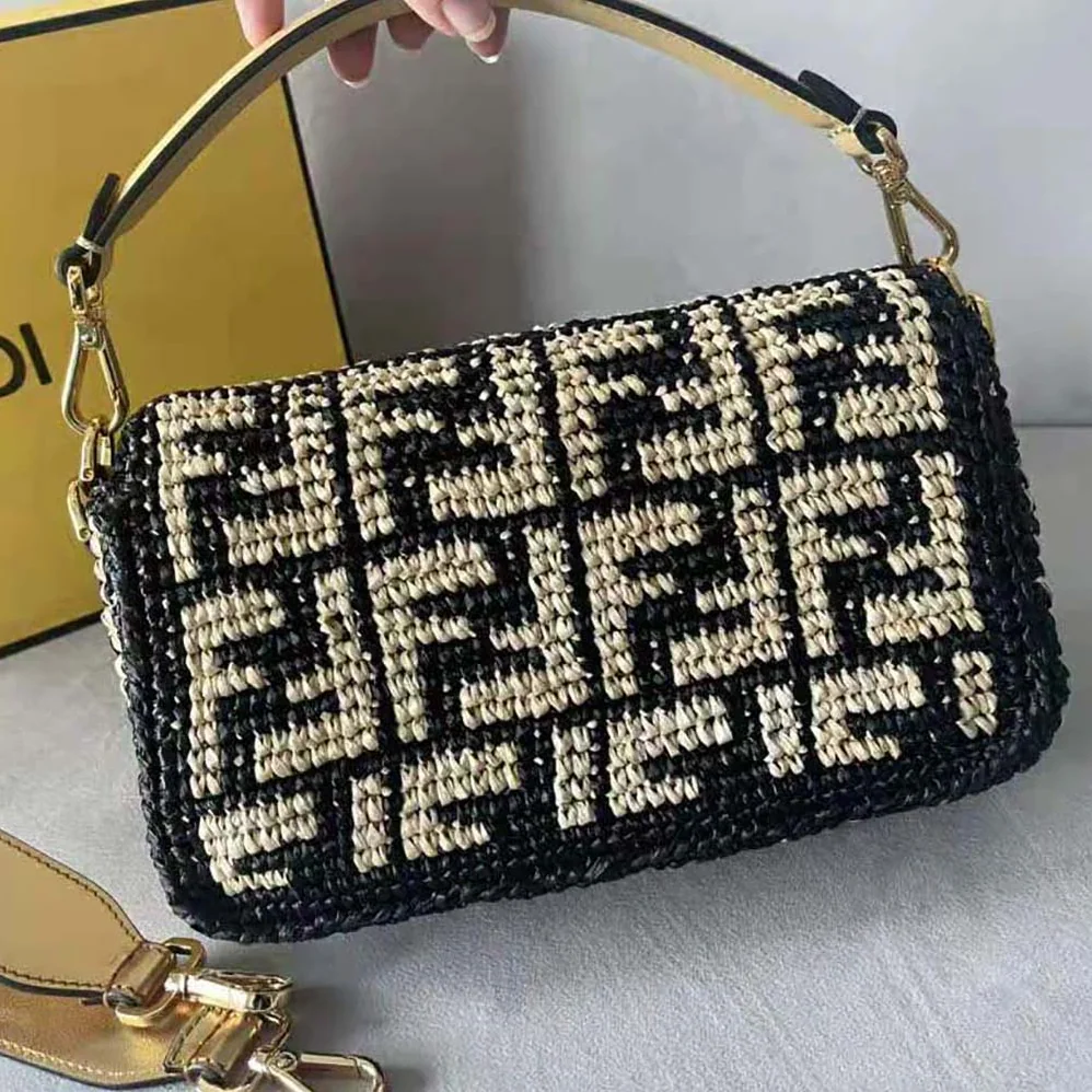 Fendi Baguette Black Raffia Back with Crocheted FF for Women Fendi Baguette Black Raffia Back with Crocheted FF for Women