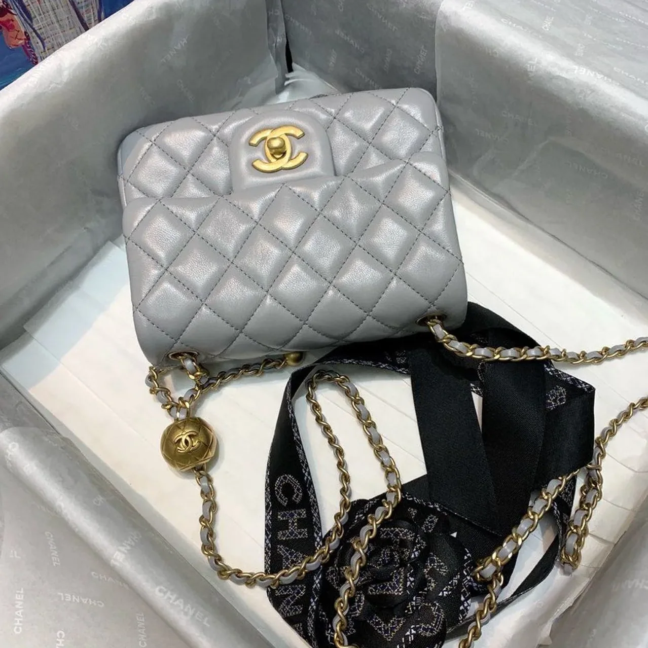 Chanel Classic Flap Bag With Charm Chain Mini Crossbody in Grey Gold Hardware