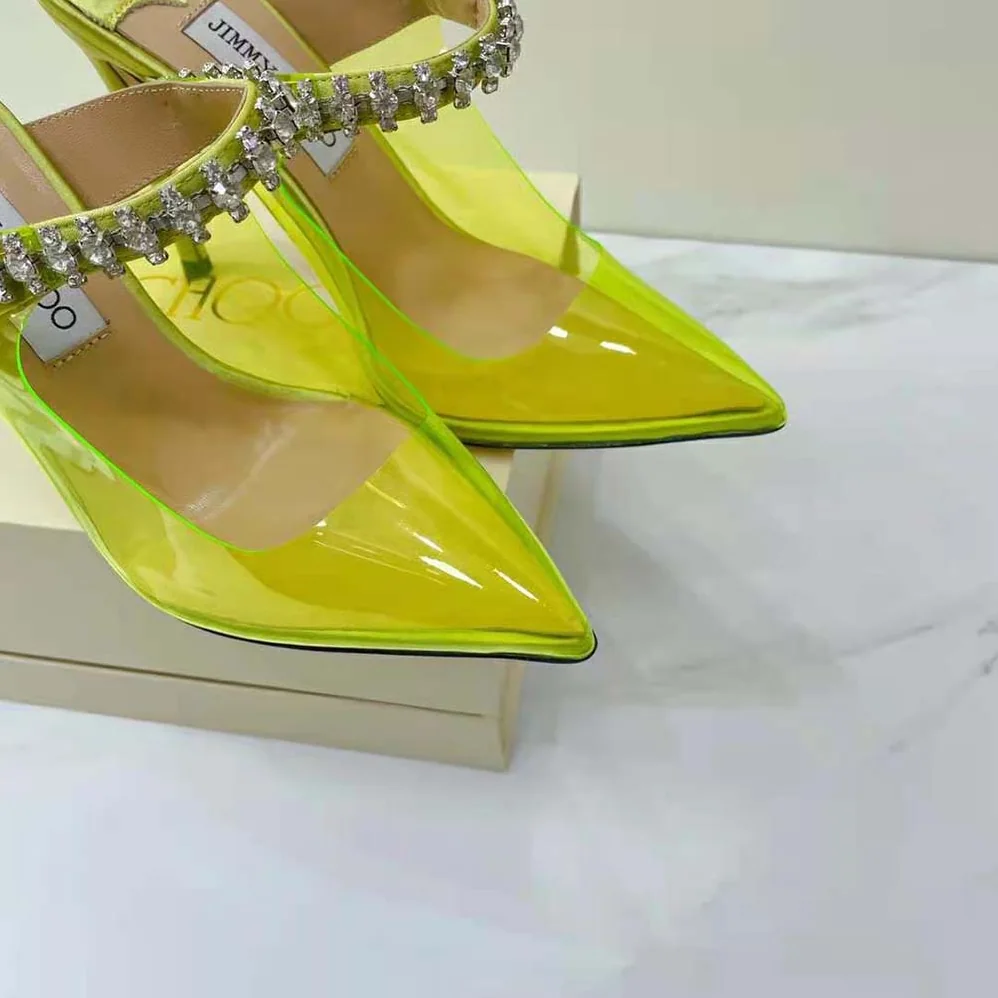 Jimmy Choo Bing 100 Neon Yellow Plexi Mules with Yellow Crystal Strap for Women Jimmy Choo Bing 100 Neon Yellow Plexi Mules with Yellow Crystal Strap for Women