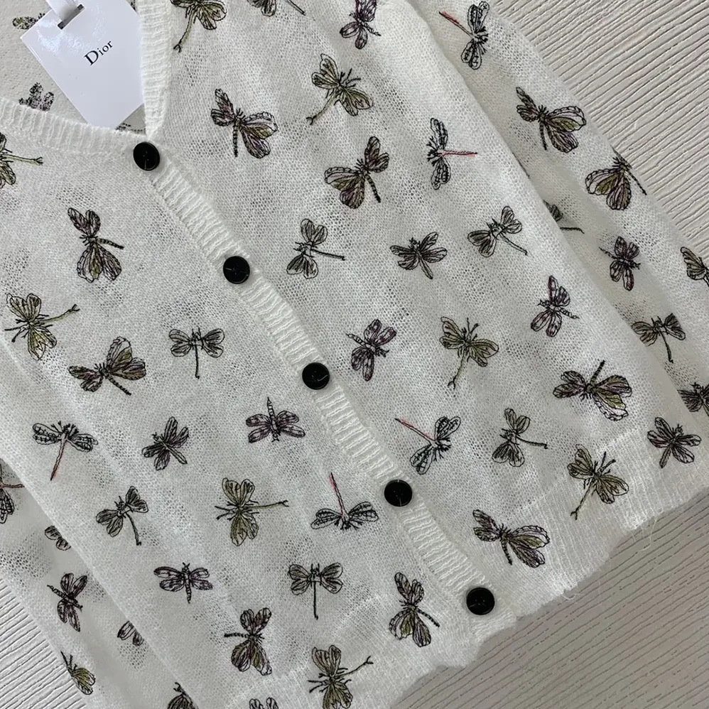 Dior Twinset White Mohair and Alpaca Blend Knit with Multicolor Dragonfly Motif for Women