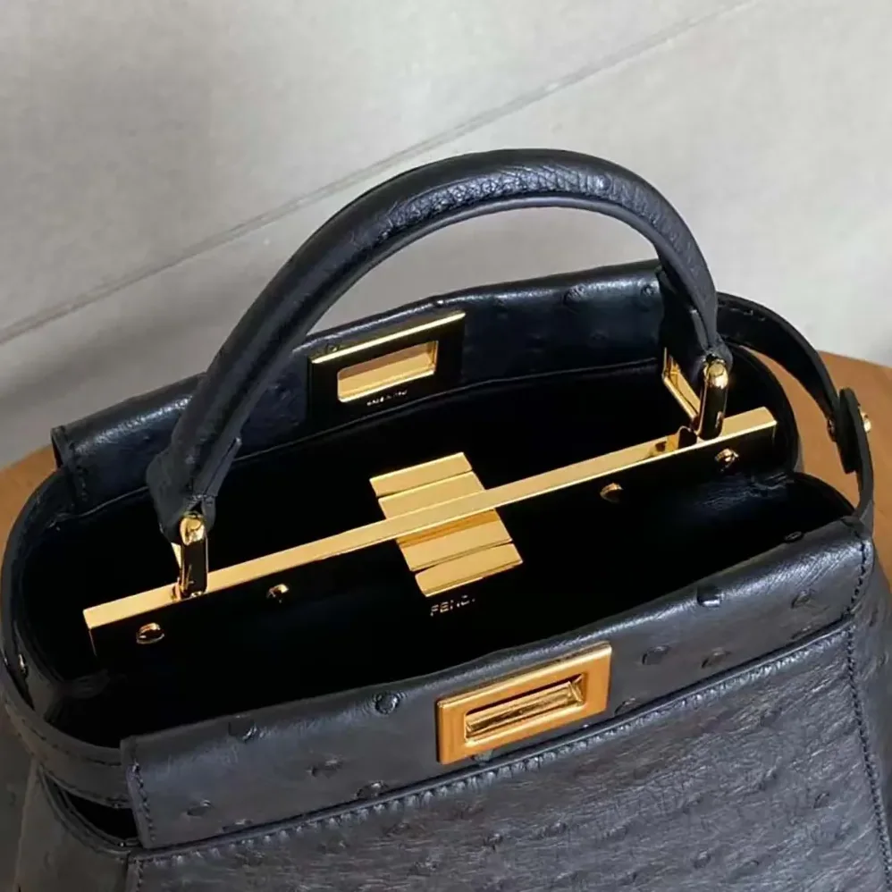 Fendi Peekaboo Iconic Mini Black Ostrich Leather Bag for Women