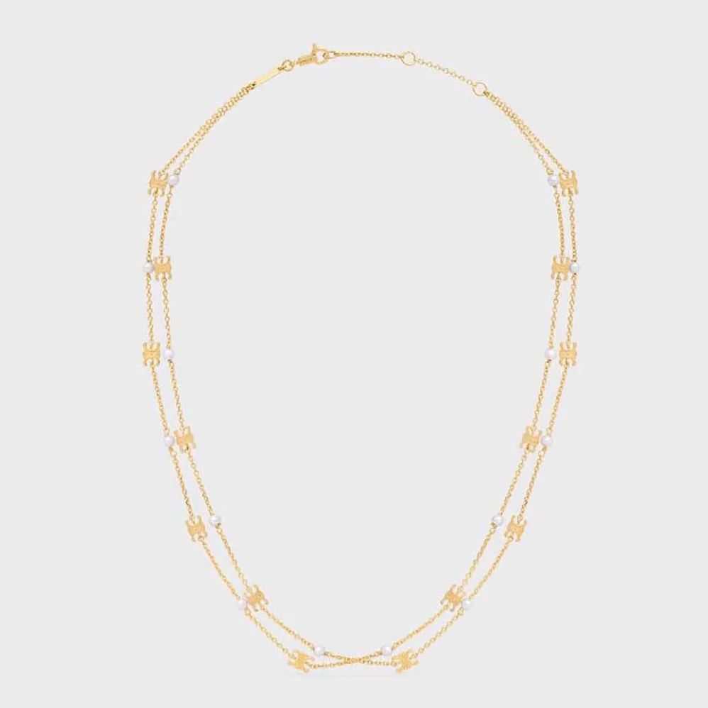 Celine Triomphe Pearl Double Necklace in Brass with Gold Finish and Resin Pearls for Women