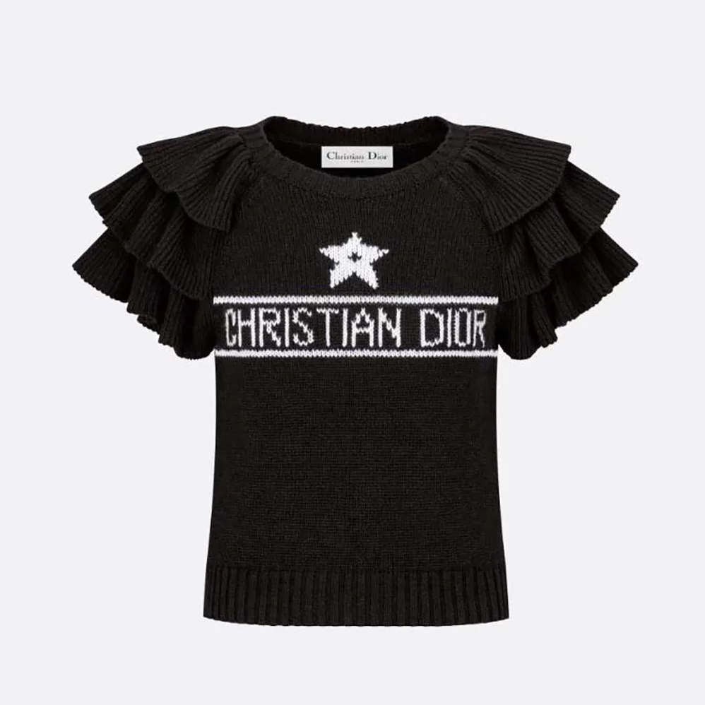 Dior Sweater with Ruffles Black Cashmere Knit with Signature for Women Dior Sweater with Ruffles Black Cashmere Knit with Signature for Women