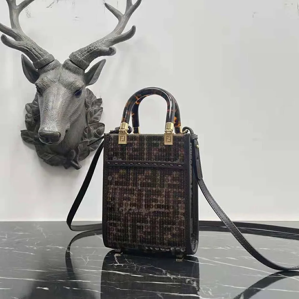 Fendi Mini Sunshine Shopper Brown FF Jacquard Fabric Mini Bag with Sequins for Women