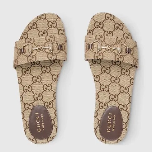 Gucci Horsebit Slide Sandals Beige in Dark Brown