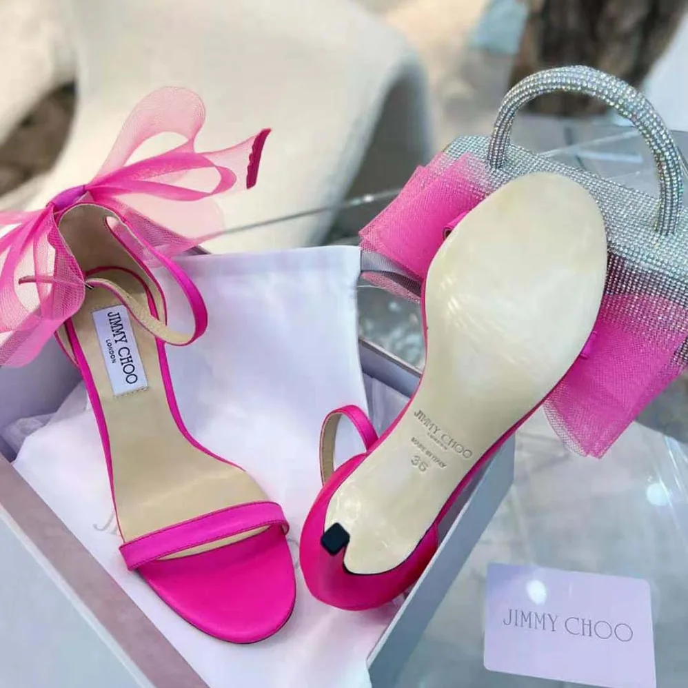 Jimmy Choo Aveline 100 Fuchsia Sandals with Asymmetric Grosgrain Mesh Fascinator Bows for Women