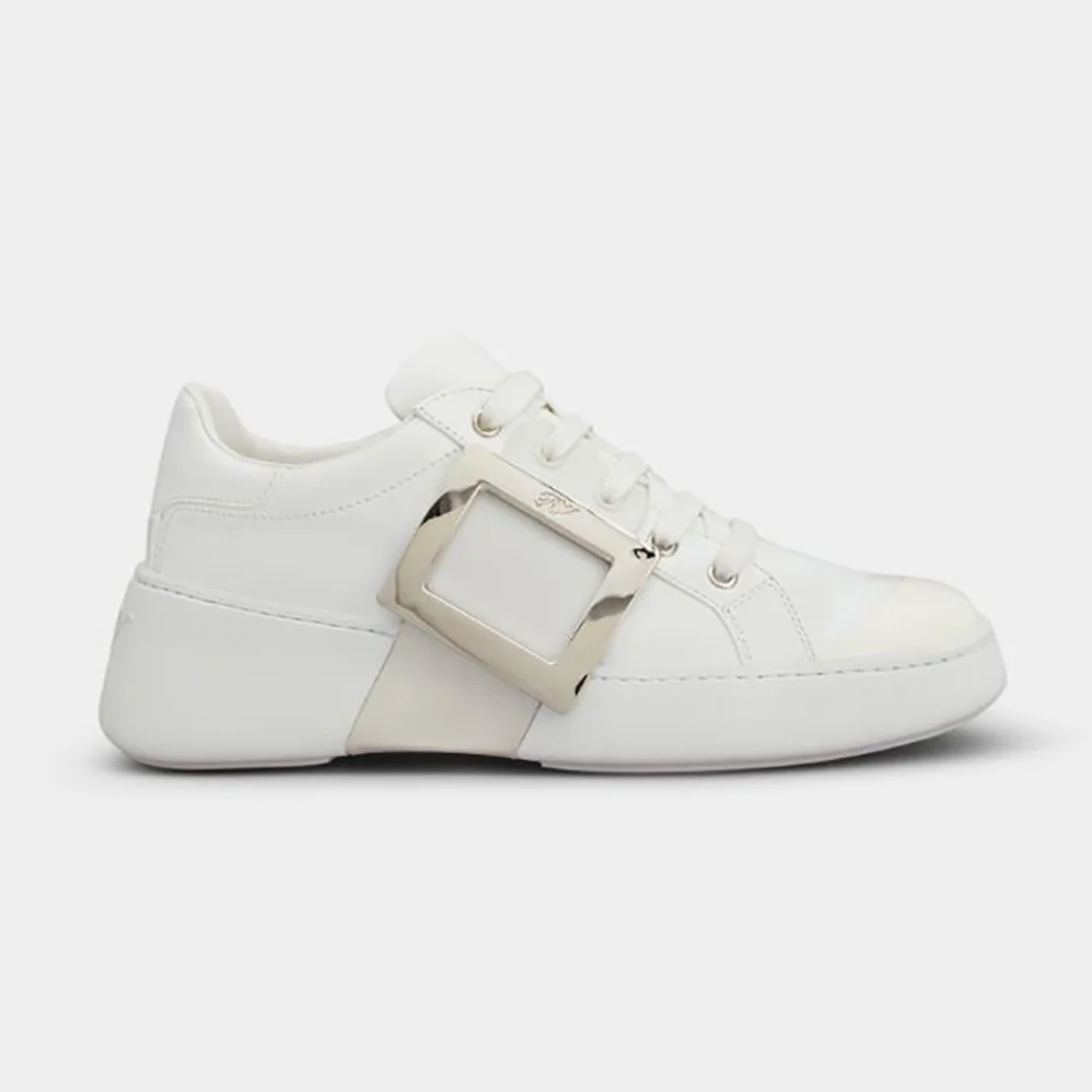 Roger Vivier Viv Skate Metal Buckle Sneakers in Soft Leather for Women in White