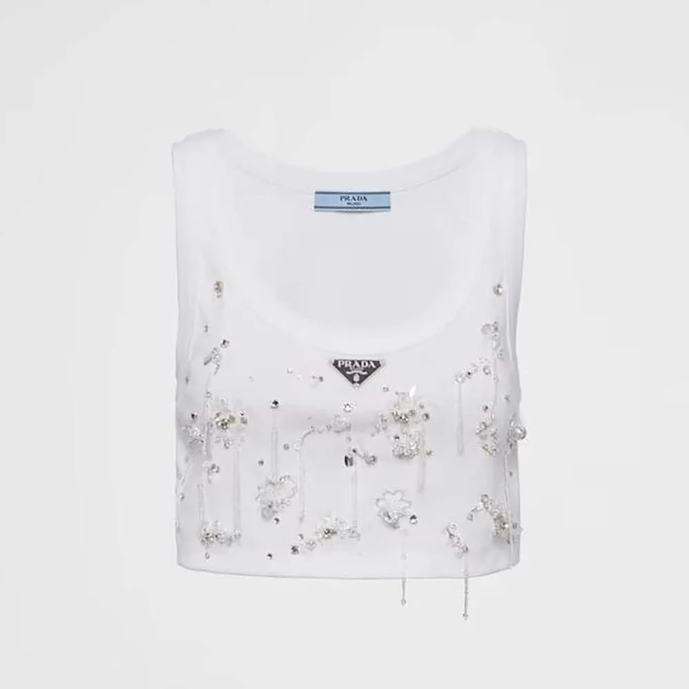 Prada Embroidered Ribbed Knit Jersey Top for Women in White Prada Embroidered Ribbed Knit Jersey Top for Women in White