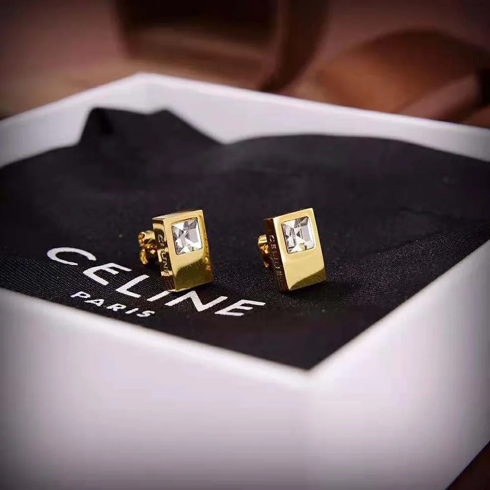 Celine Sentimental Double Square Stud in Yellow Gold and Diamond for Women