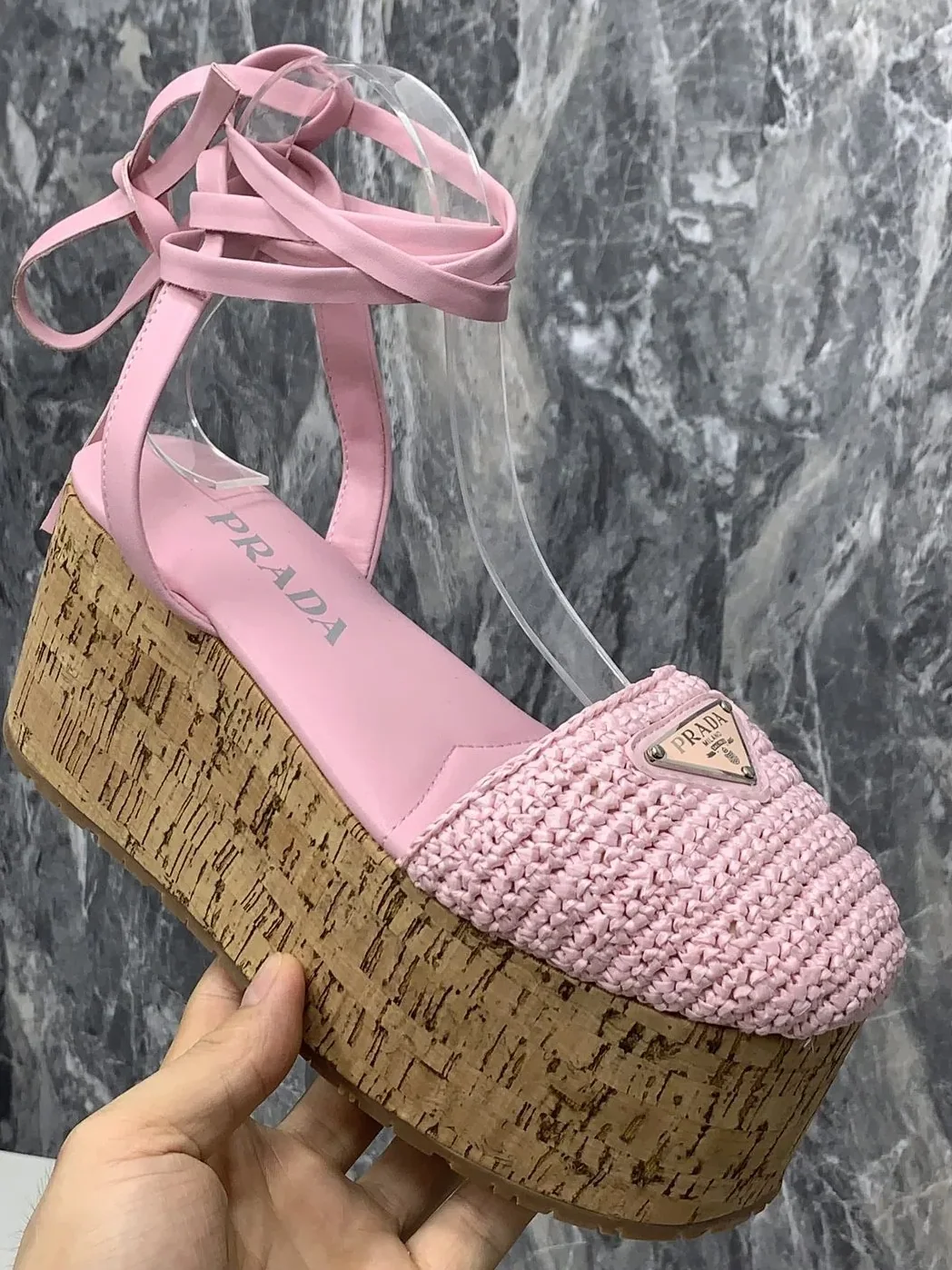 Prada Crochet Wedge Sandals Pink