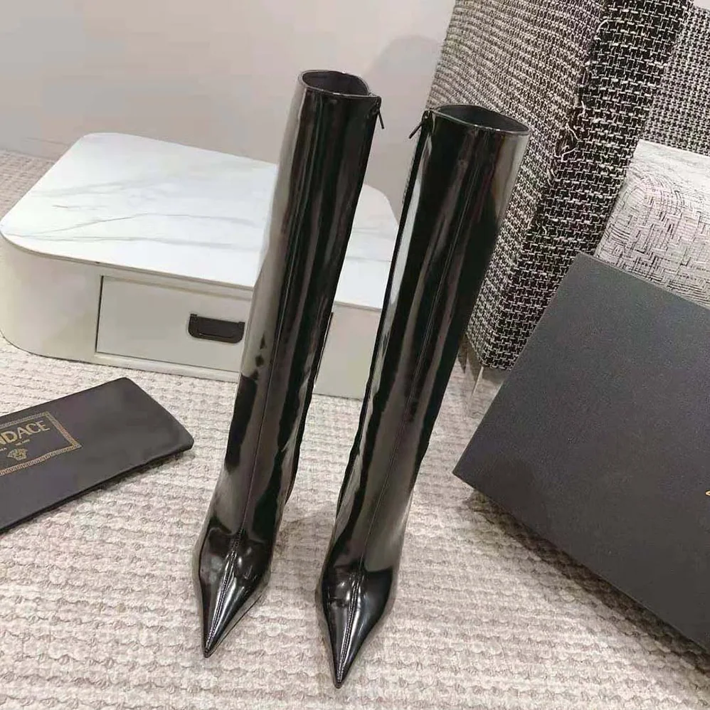 Versace Pin-point Knee-high Boots-105 mm Heel Height for Women in Black Versace Pin-point Knee-high Boots-105 mm Heel Height for Women in Black