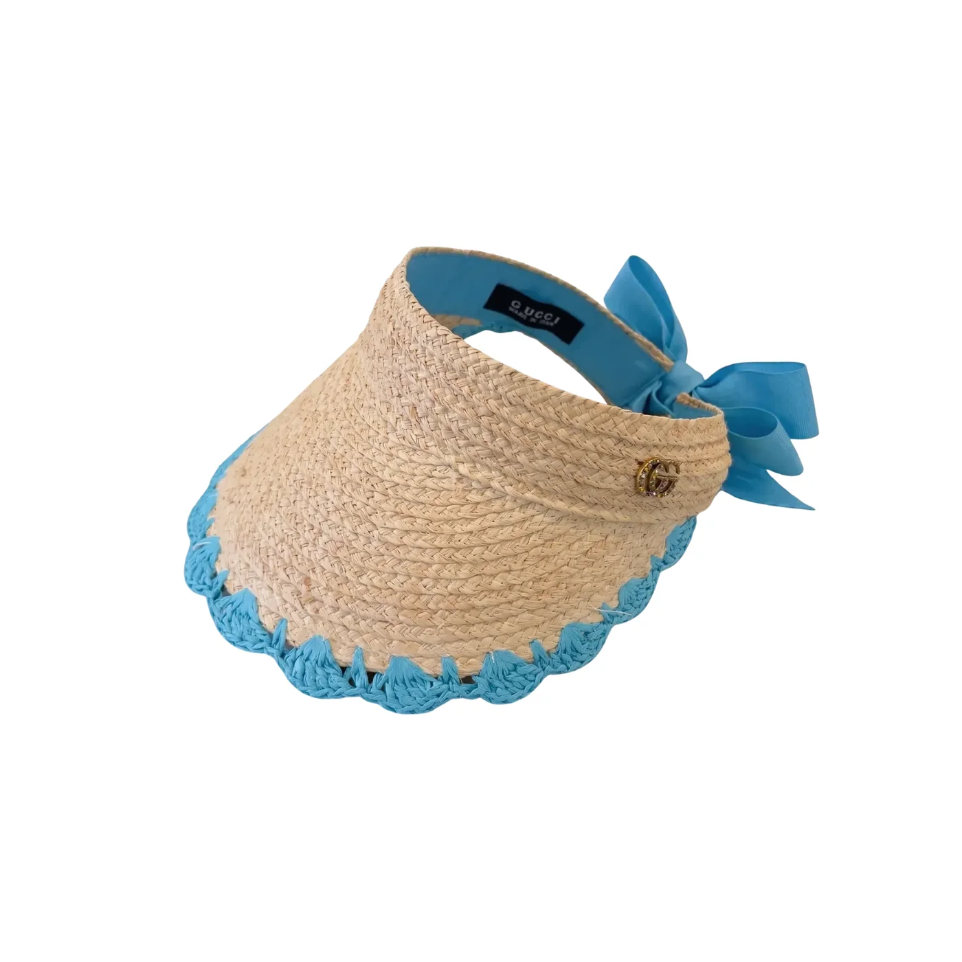 Gucci Crochet-Trimmed Visor Beige/ Blue Straw Gucci Crochet-Trimmed Visor Beige/ Blue Straw