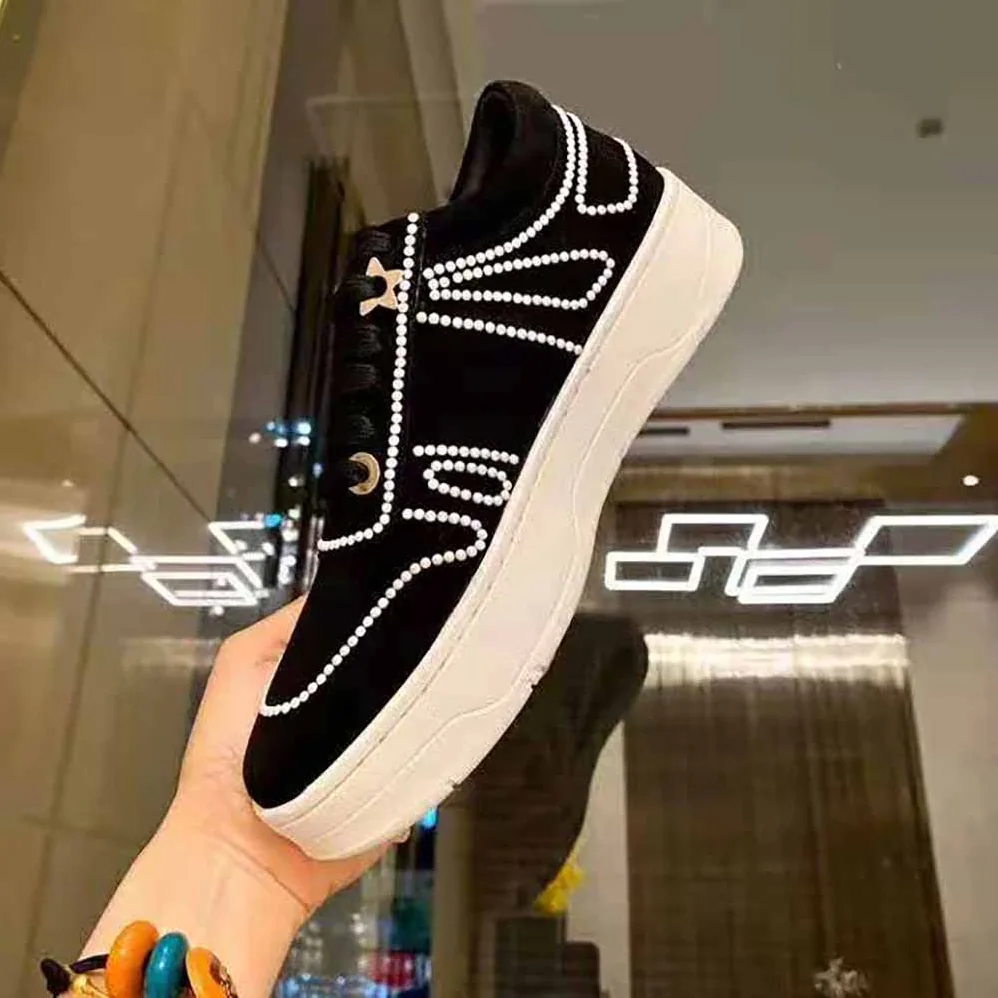 Jimmy Choo Hawaii/F Black Suede Lace-Up Sneakers with Pearl Detailing for Women Jimmy Choo Hawaii/F Black Suede Lace-Up Sneakers with Pearl Detailing for Women