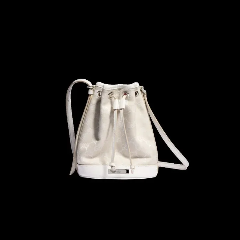 Gucci Bucket With Plaque Mini Shoulder Bag in Ivory Denim Palladium Hardware Gucci Bucket With Plaque Mini Shoulder Bag in Ivory Denim Palladium Hardware