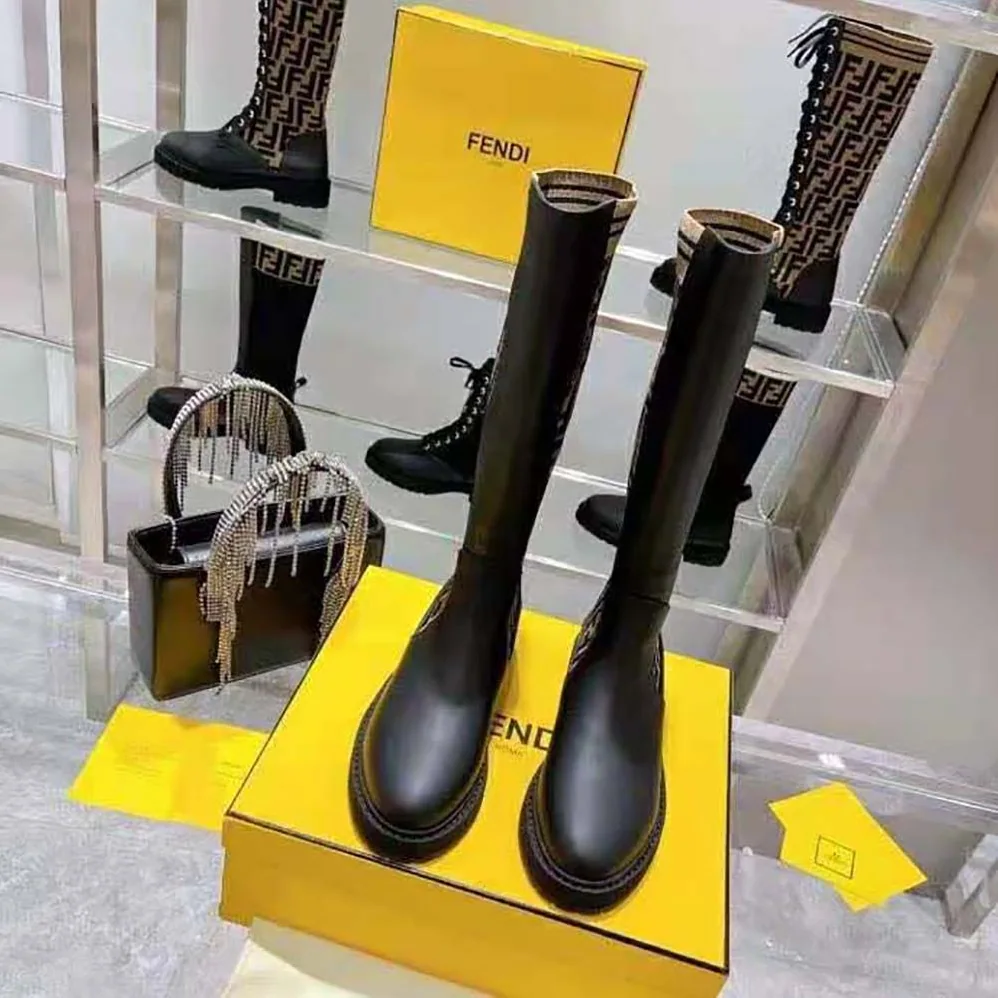 Fendi Rockoko Black Leather Ankle Boots with Stretch Fabric for Women
